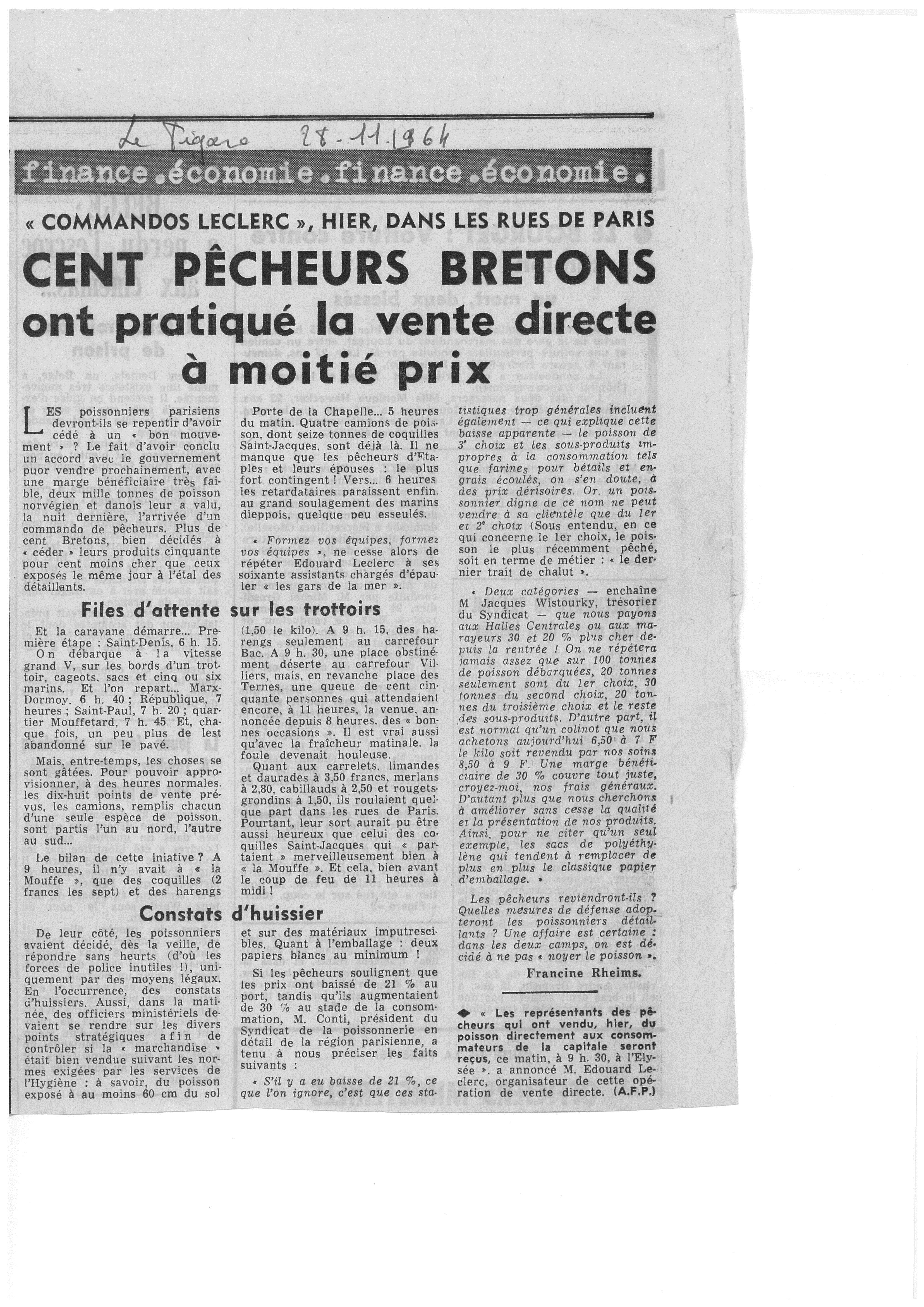 Cent pêcheurs bretons ont pratique la vente directe à moitié prix (le Figaro, 1964)