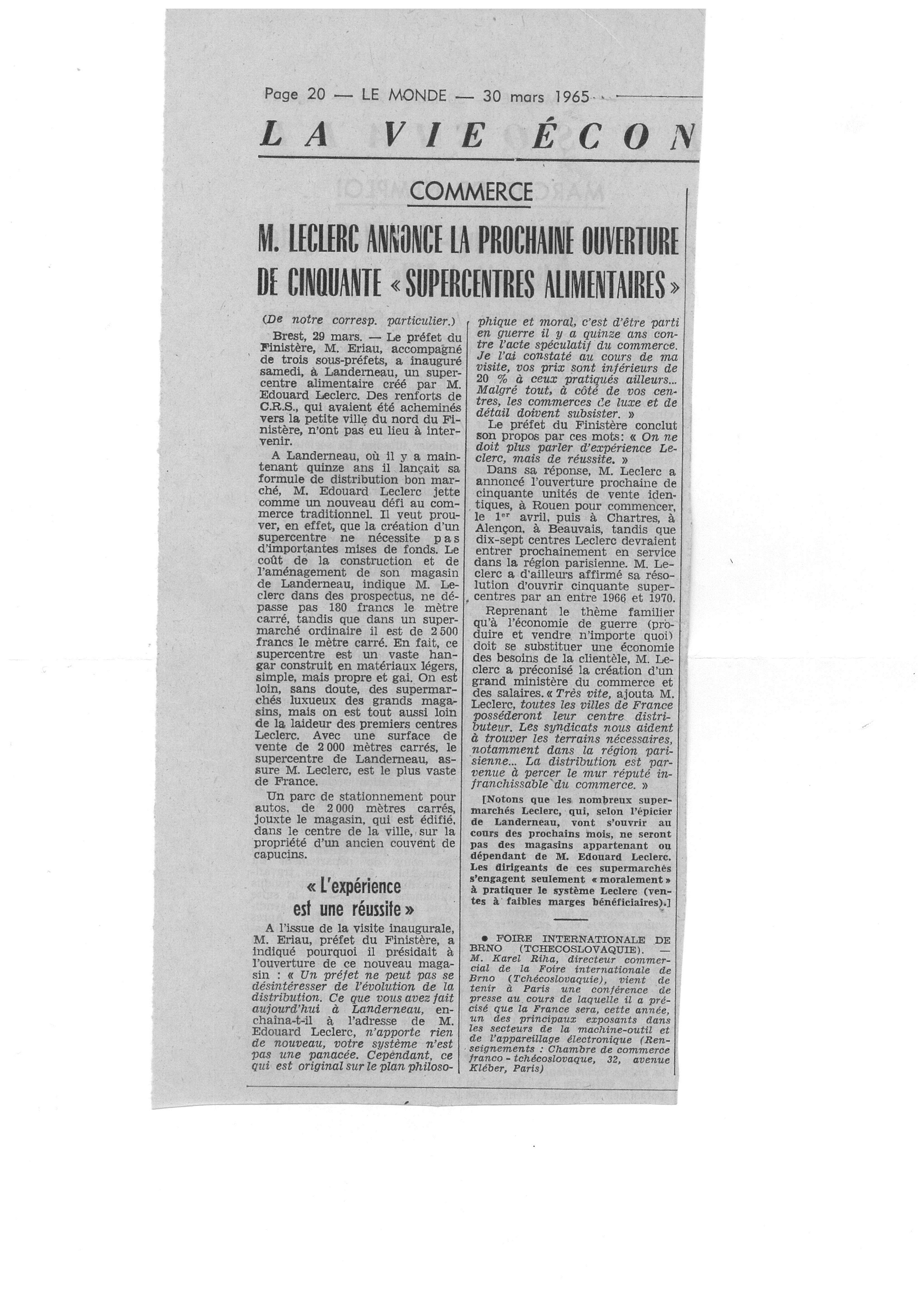 M. Leclerc annonce la prochaine ouverture de 50 'super-centres' alimentaires (Le Monde, 1965)