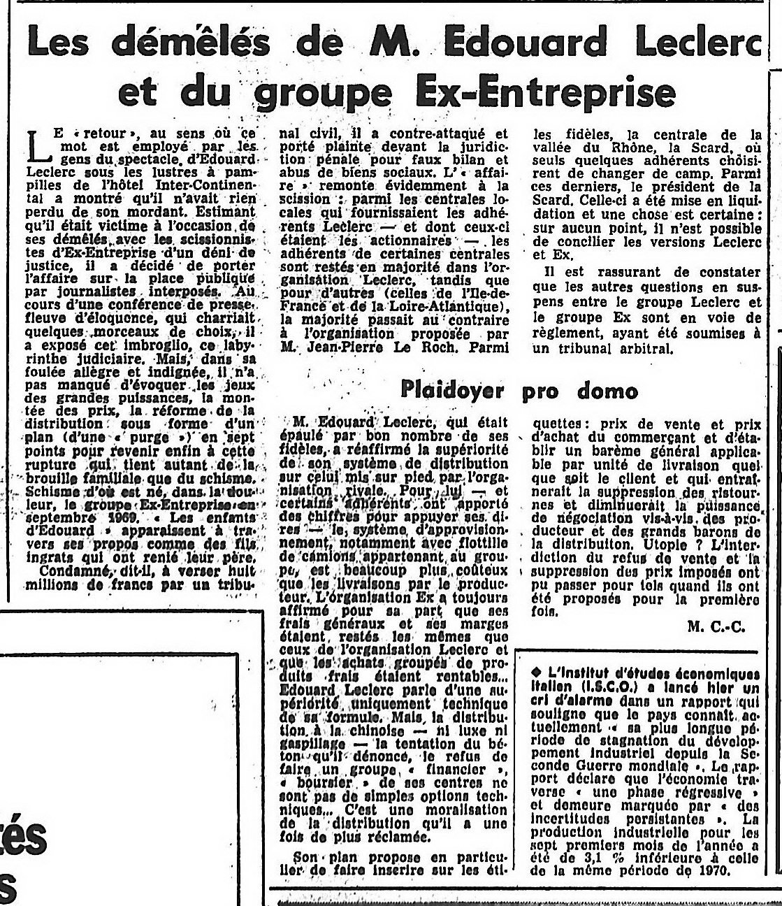Les démêlés d'E. Leclerc et du groupe Ex-Entreprise (le Figaro, 1971)