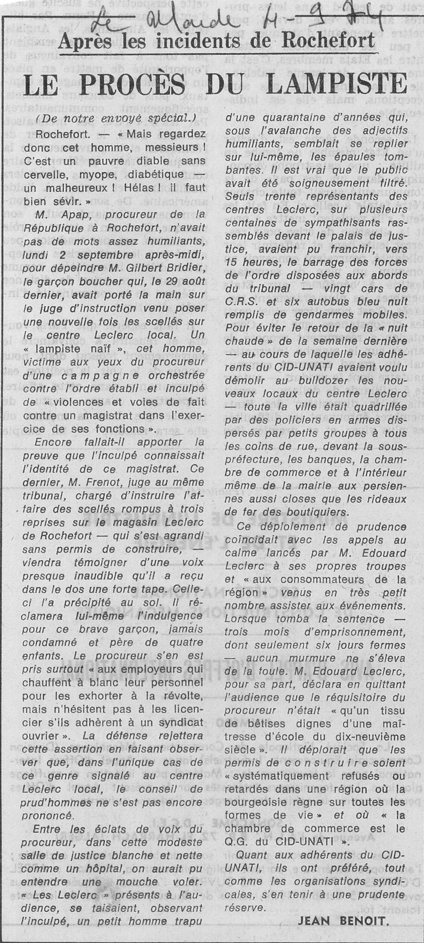 Le procès du lampiste (Le Monde, 4 septembre 1974)- Histoire E-Leclerc