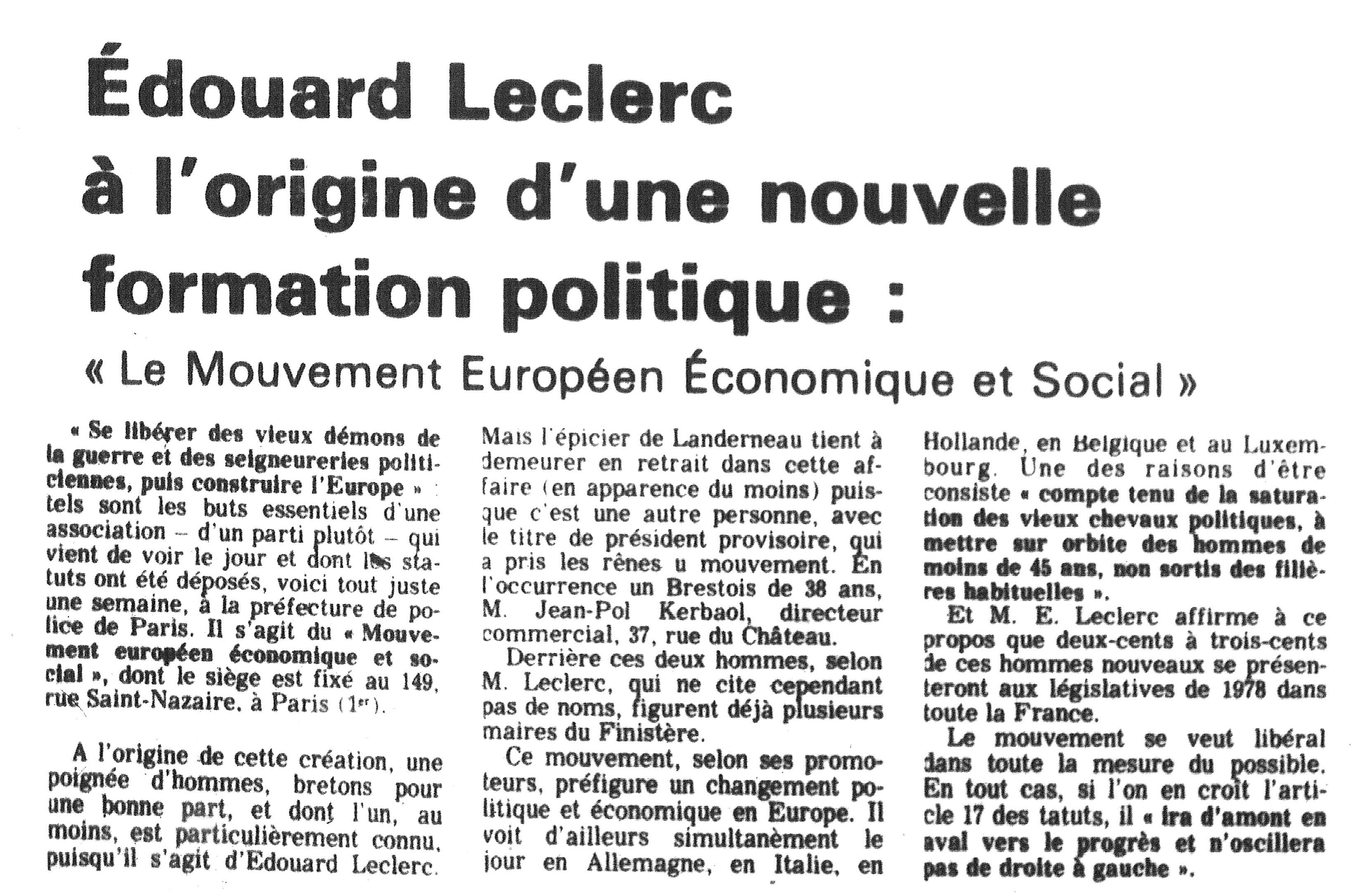 E. Leclerc à l'origine d'une nouvelle formation politique : le Mouvement européen économique et social (Télégramme, 1977)